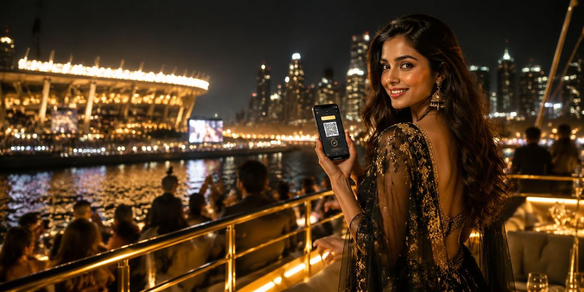 Mobile payment transaction with Bollywood neon lights in Delhi