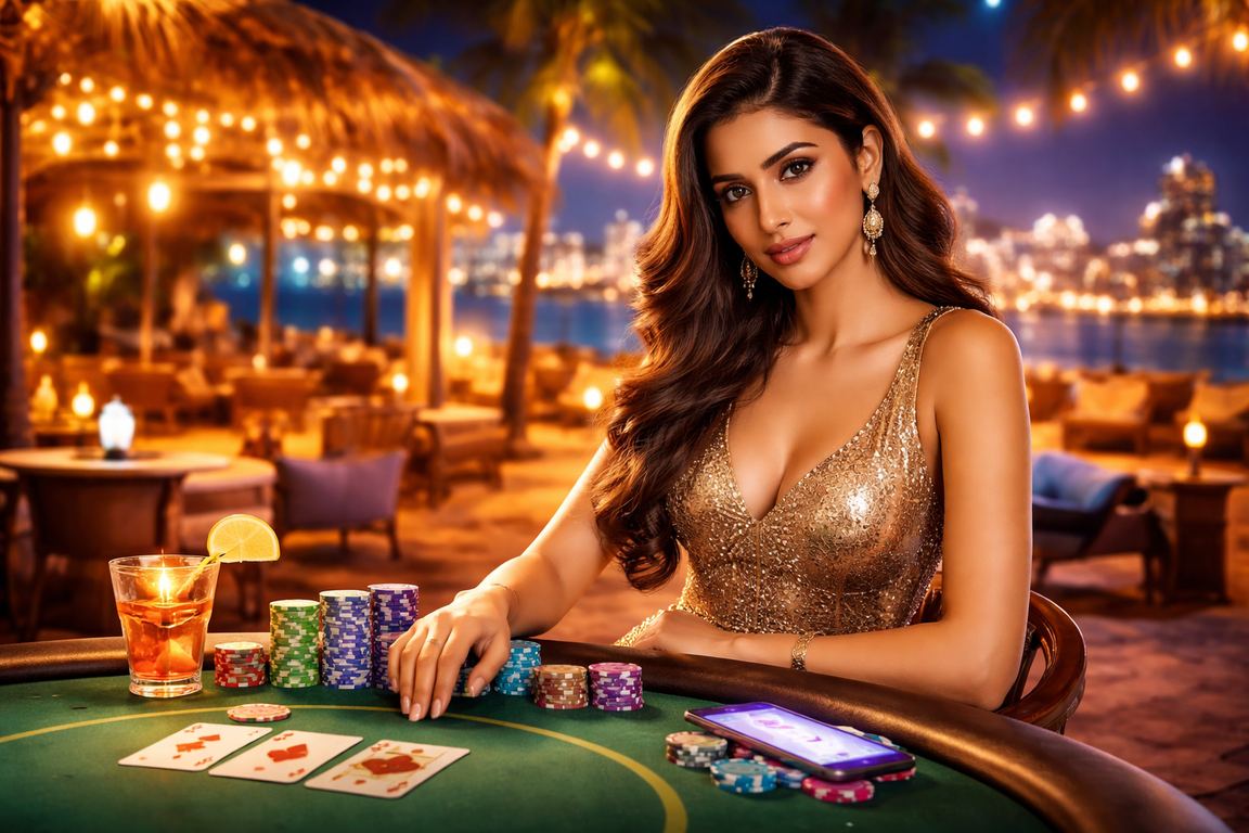 Indian coastal beach scene with evening casino lights