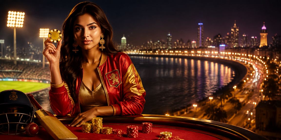 Mumbai Marine Drive Cricket Betting Scene with Red and Gold Theme